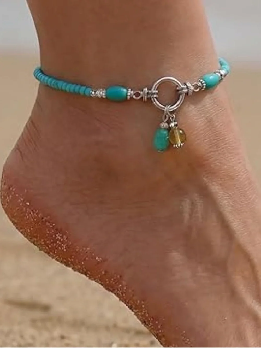 New !Turquoise Beaded Anklet with Silver Toggle & Charms
